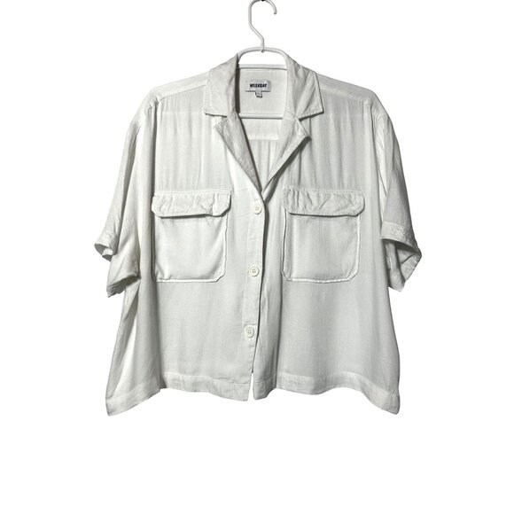 Viscose Relaxed White Button-Up Shirt With Pockets By Weekday, Size Large Women’ - Picture 1 of 7